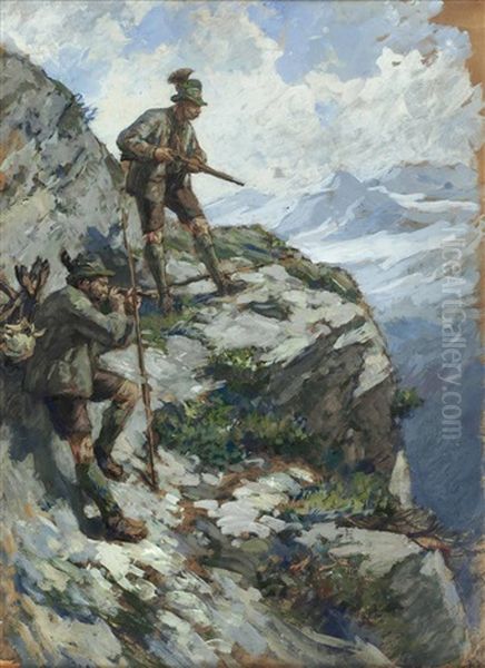 Kaiser Franz Josef Mit Begleiter Auf Der Jagd Im Hochgebirge Oil Painting by Franz Xaver von Pausinger