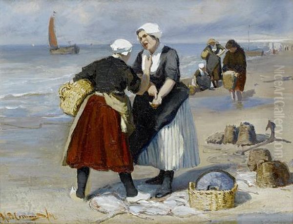 Fisherwomen Haggling On The Beach Oil Painting by Bernardus Johannes Blommers