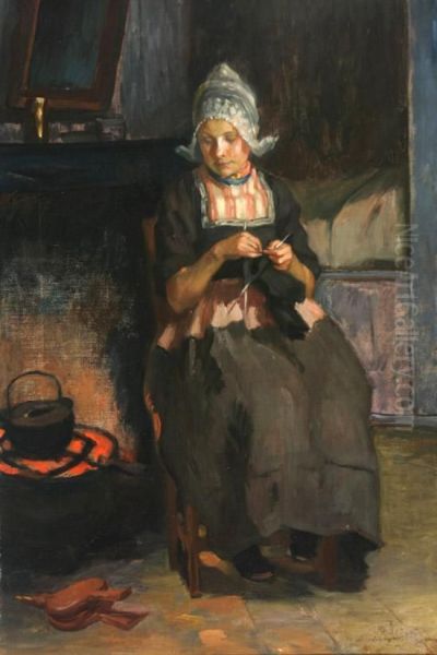 Young Woman Knitting Beside A Hearth Oil Painting by Bernardus Johannes Blommers