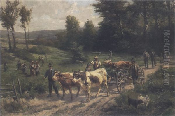 Heimkehrende Jagdgesellschaft Mit Erlegtem Hirsch Mit Ochsenkarren Oil Painting by Franz Xaver von Pausinger