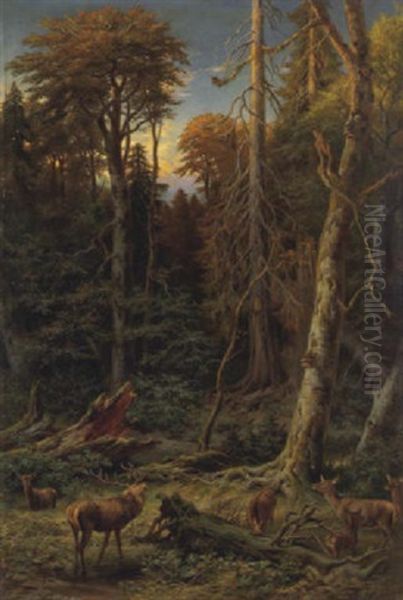 Rotwild In Der Dammerung Oil Painting by Franz Xaver von Pausinger