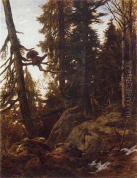 A Heath Cock Roosting In An Alpine Forest Oil Painting by Franz Xaver von Pausinger