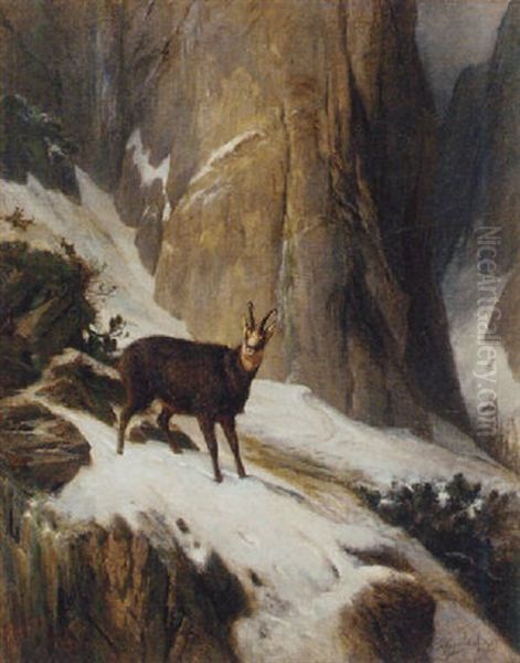 Chamois In A Mountain Landscape Oil Painting by Franz Xaver von Pausinger