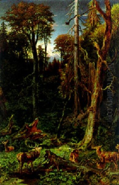 Rotwild Bei Abenddammerung Oil Painting by Franz Xaver von Pausinger