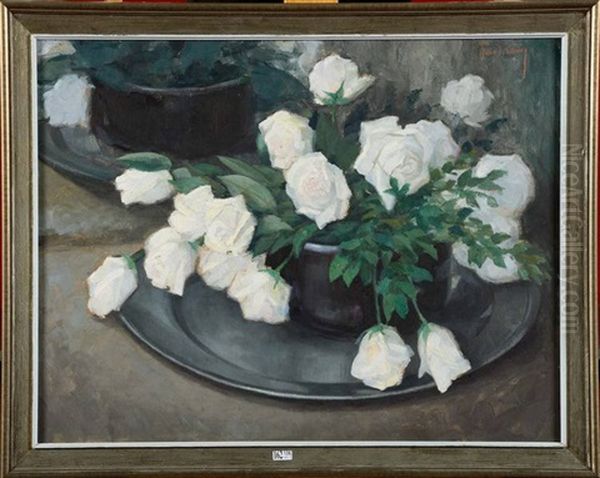 Les Roses Blanches Oil Painting by Rene De Pauw