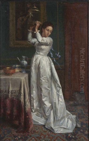 Jeune Fille A La Cage Oil Painting by Robert De Pauw