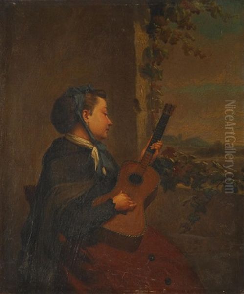 Jeune Femme A La Guitare Oil Painting by Robert De Pauw