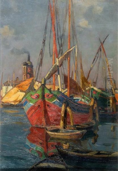 Barques Et Chalutiers Au Port Oil Painting by Angelo Pavan