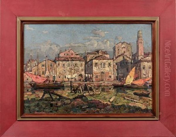 Chioggia; Canale Lombardo (pair) Oil Painting by Angelo Pavan