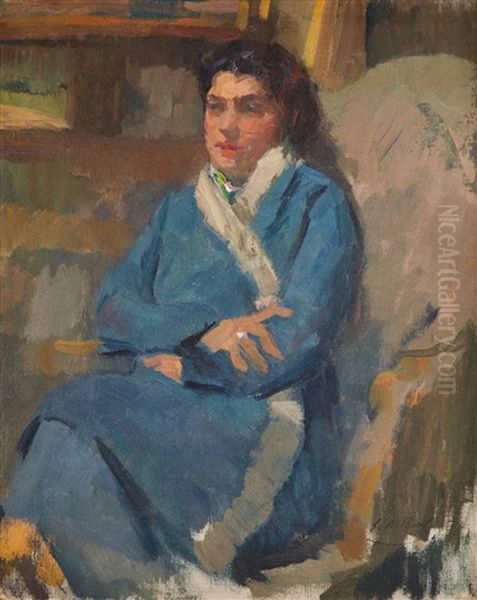 Portrait Of The Artist's Daughter In A Blue Dressing Gown Oil Painting by Elie Anatole Pavil