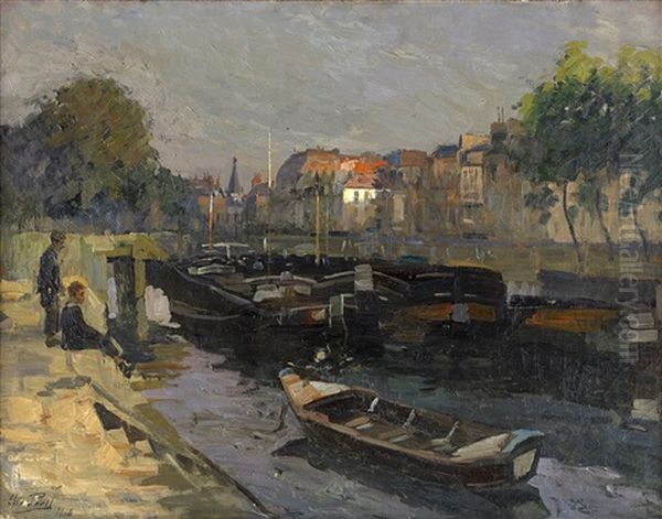 By The Canal Saint Martin In Paris Oil Painting by Elie Anatole Pavil