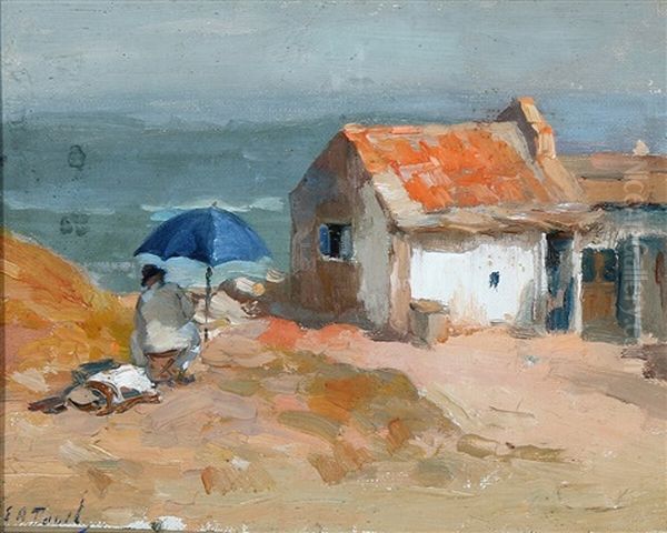 A Gentleman Painting Beneath A Parasol On The Beach Oil Painting by Elie Anatole Pavil