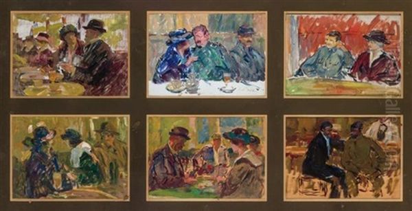 Parlor Scenes (6 Works Framed Together) Oil Painting by Elie Anatole Pavil