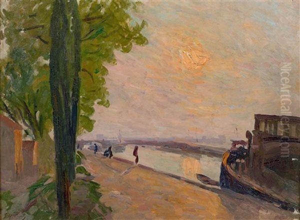 Bord De Canal Au Soleil Couchant Oil Painting by Elie Anatole Pavil