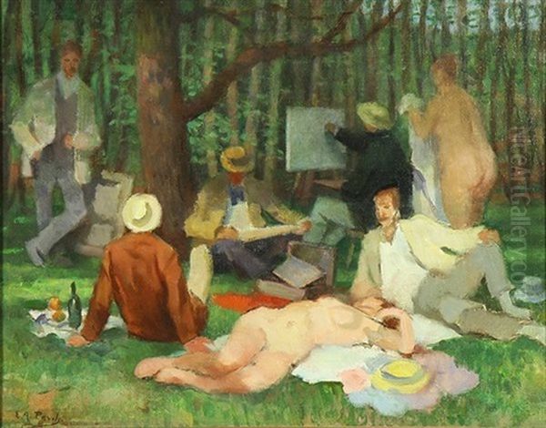 Study Of A Picnic In The Woods With Artists And Models Oil Painting by Elie Anatole Pavil