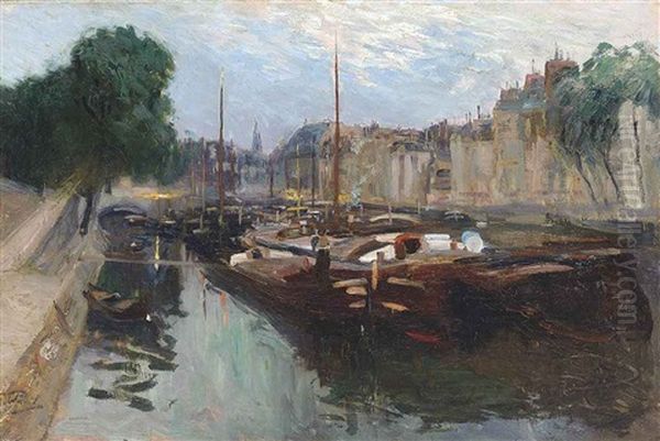 Barges On The Canal Saint-martin, Paris Oil Painting by Elie Anatole Pavil