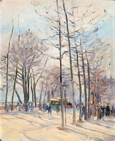 Quai Anime Borde D'arbres Au Bord De La Seine Oil Painting by Elie Anatole Pavil