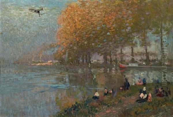 Promeneurs Assis En Bord De Marne Oil Painting by Elie Anatole Pavil