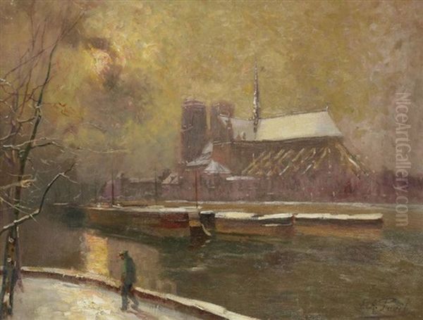 Paris, Coucher De Soleil Sur Notre-dame En Hiver Oil Painting by Elie Anatole Pavil