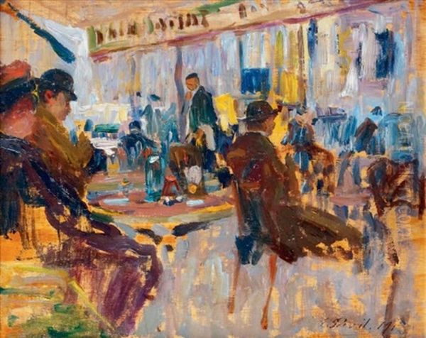 La Terrasse De La Brasserie Tourtellesur Les Grands Boulevards Oil Painting by Elie Anatole Pavil