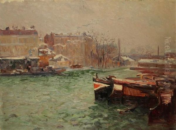 Port De La Villette Sous La Neige Oil Painting by Elie Anatole Pavil