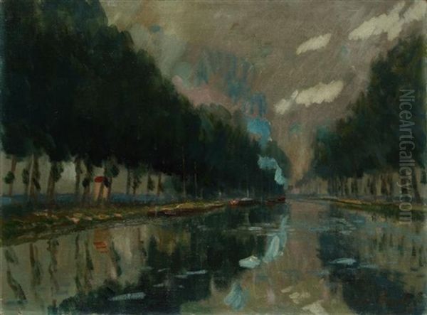 Canal De L'ourcq Au Crepuscule Oil Painting by Elie Anatole Pavil