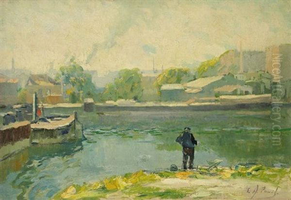 Pecheur En Bords De Marne Aux Environs De Lagny Oil Painting by Elie Anatole Pavil