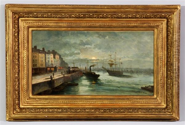 Moonlight On Port Scene Oil Painting by Elie Anatole Pavil