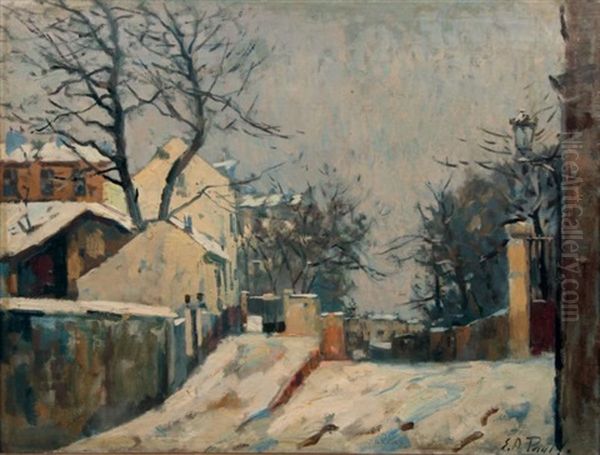 Rue De Montmartre Sous La Neige Oil Painting by Elie Anatole Pavil