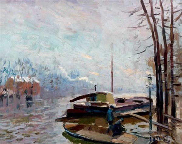 Pecheurs Et Remorqueur En Hiver Oil Painting by Elie Anatole Pavil