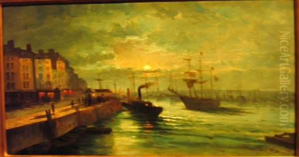 Moonlit Busting Port Scene Oil Painting by Elie Anatole Pavil