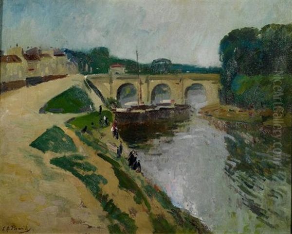 Flusslandschaft Mit Einer Brucke Oil Painting by Elie Anatole Pavil