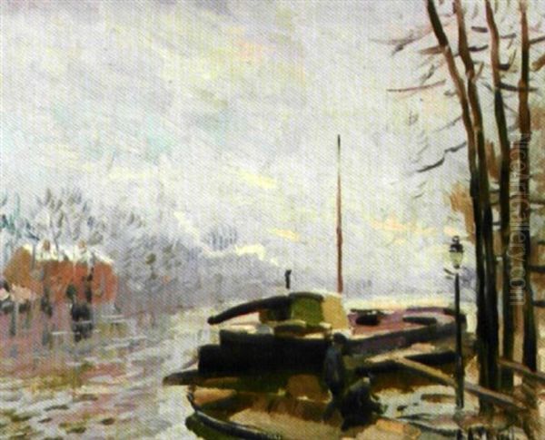 Hiver, Marniers A Quai Oil Painting by Elie Anatole Pavil