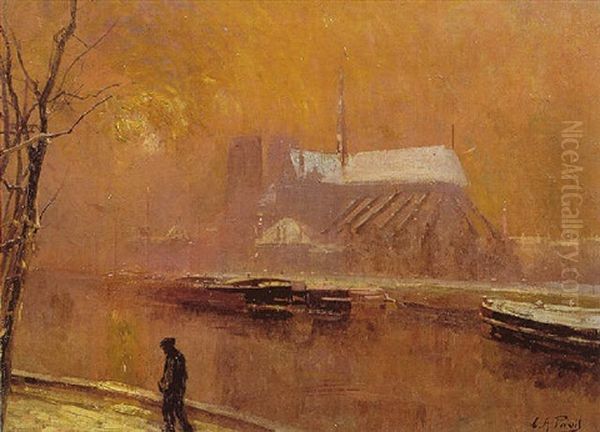 La Seine Et Notre Dame De Paris Sous La Neige Oil Painting by Elie Anatole Pavil