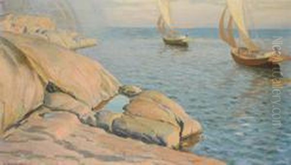 Boote In Kustennahe (baltisches Meer) Oil Painting by Vaino Blomstedt