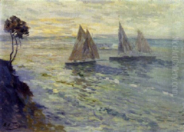 Sailboats Near A Rocky Cliff Oil Painting by Elie Anatole Pavil