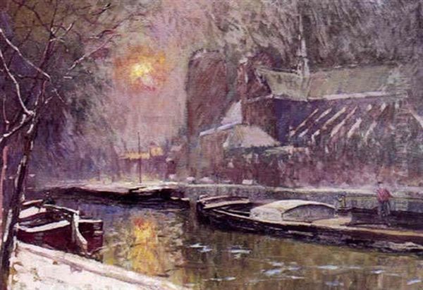 Aftenstemning Ved Notre Dame Kirken I Paris, Vinter Oil Painting by Elie Anatole Pavil