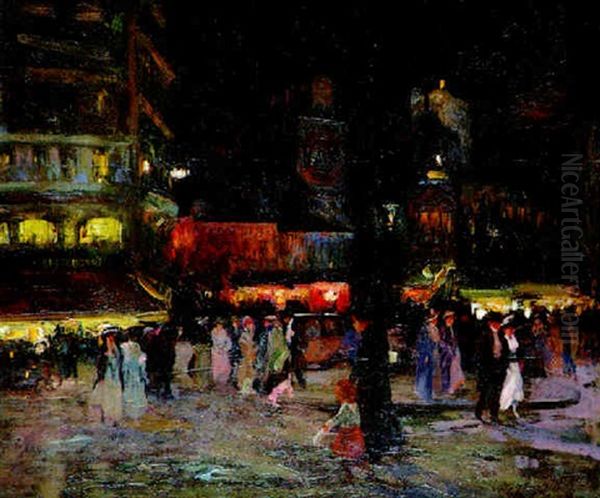 Animation La Nuit Sur Les Grands Boulevards Oil Painting by Elie Anatole Pavil