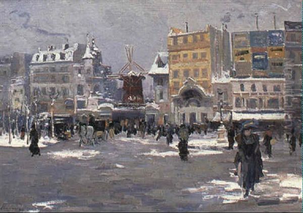 A Wintery Street Scene In Montmartre Oil Painting by Elie Anatole Pavil