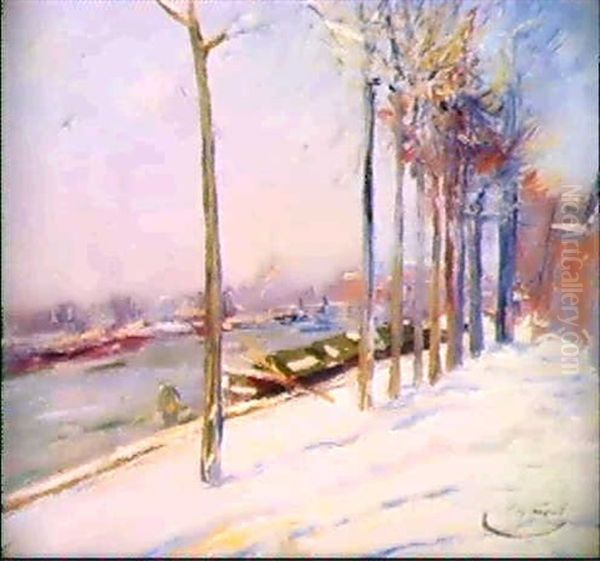 Pairs, Les Quais Sous La Neige Oil Painting by Elie Anatole Pavil