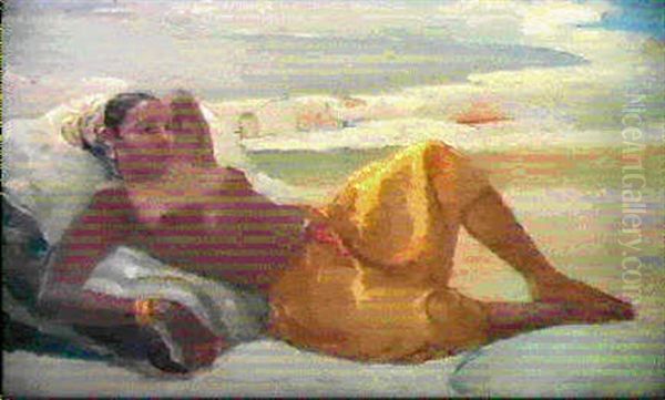 Jeune Femme Au Repos Sur Une Terrasse De Rabat Oil Painting by Elie Anatole Pavil