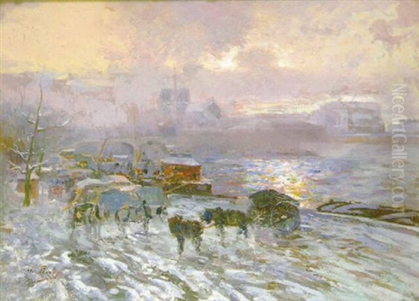 Les Quais A Paris Sous La Neige Oil Painting by Elie Anatole Pavil