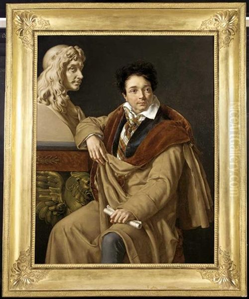 Portrait Of A Man (the Actor Armand-benoit Roussel?) With The A Bust Of Moliere In The Background Oil Painting by Isidore Pean Du Pavillon