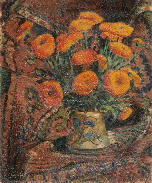 Strauss Mit Gelben Tagetes In Einer Bunten Porzellanvase Oil Painting by Louis Claude Paviot