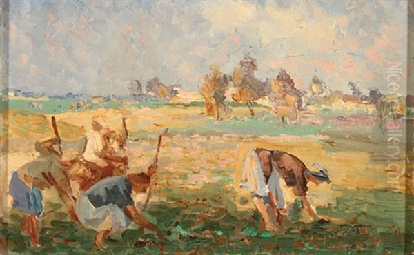 Village Landscape; Landscape With Women Working In The Field; A Displaced Person Camp; Lakeside View; Fall Landscape; Back From The Harvest; Soldiers On Horseback; Portrait Of Woman (group Of 11 Works) Oil Painting by Anton Pavlos