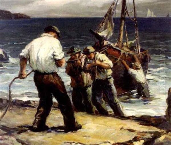 Fishermen Hauling Their Boat, The Coast Of Maine Oil Painting by Vladimir Pavlosky