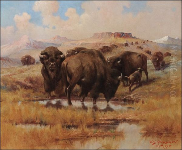 Buffalo At A Watering Hole Oil Painting by Edgar Samuel Paxson