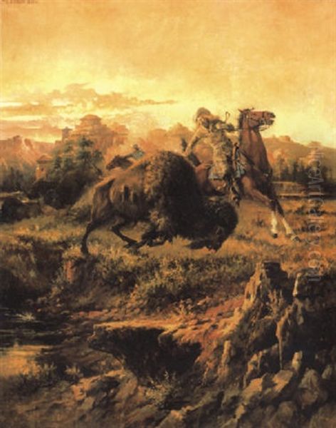 Custer's Last Buffalo Hunt, Little Missouri River, Dakota Badlands Oil Painting by Edgar Samuel Paxson