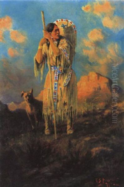 Sacajawea And Her Dog Scammon Oil Painting by Edgar Samuel Paxson