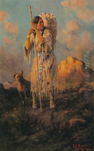 Sacajawea And Her Dog Scammon Oil Painting by Edgar Samuel Paxson